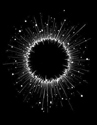 The primary subject of the image is a bright, white circle with a black background. The circle is surrounded by a pattern of white lines, creating a visually striking and unique design. The visual style of the image is digital art, as it appears to be a computer-generated or digitally manipulated image. The colors and mood of the image are predominantly black and white, with the white circle and lines creating a sense of contrast and depth.